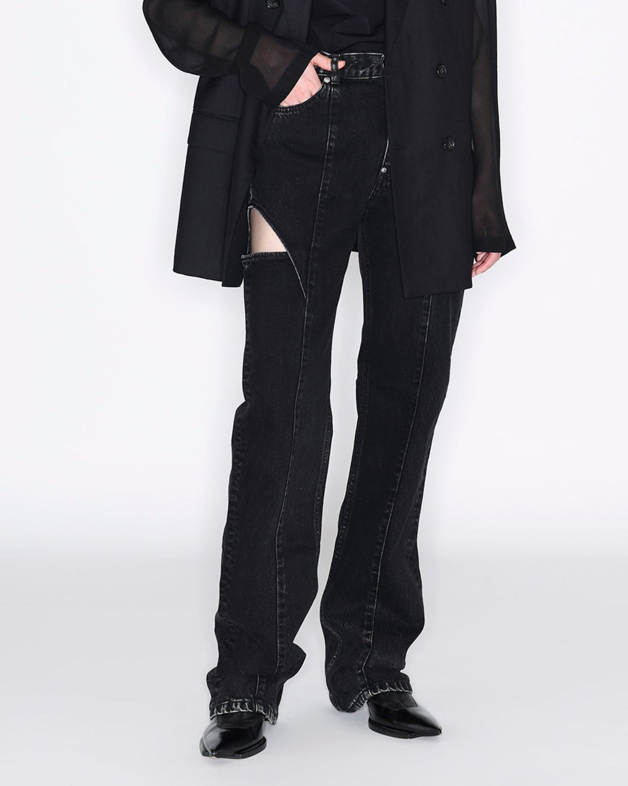 WASHED DENIM HOLLOWED OUT PANTS