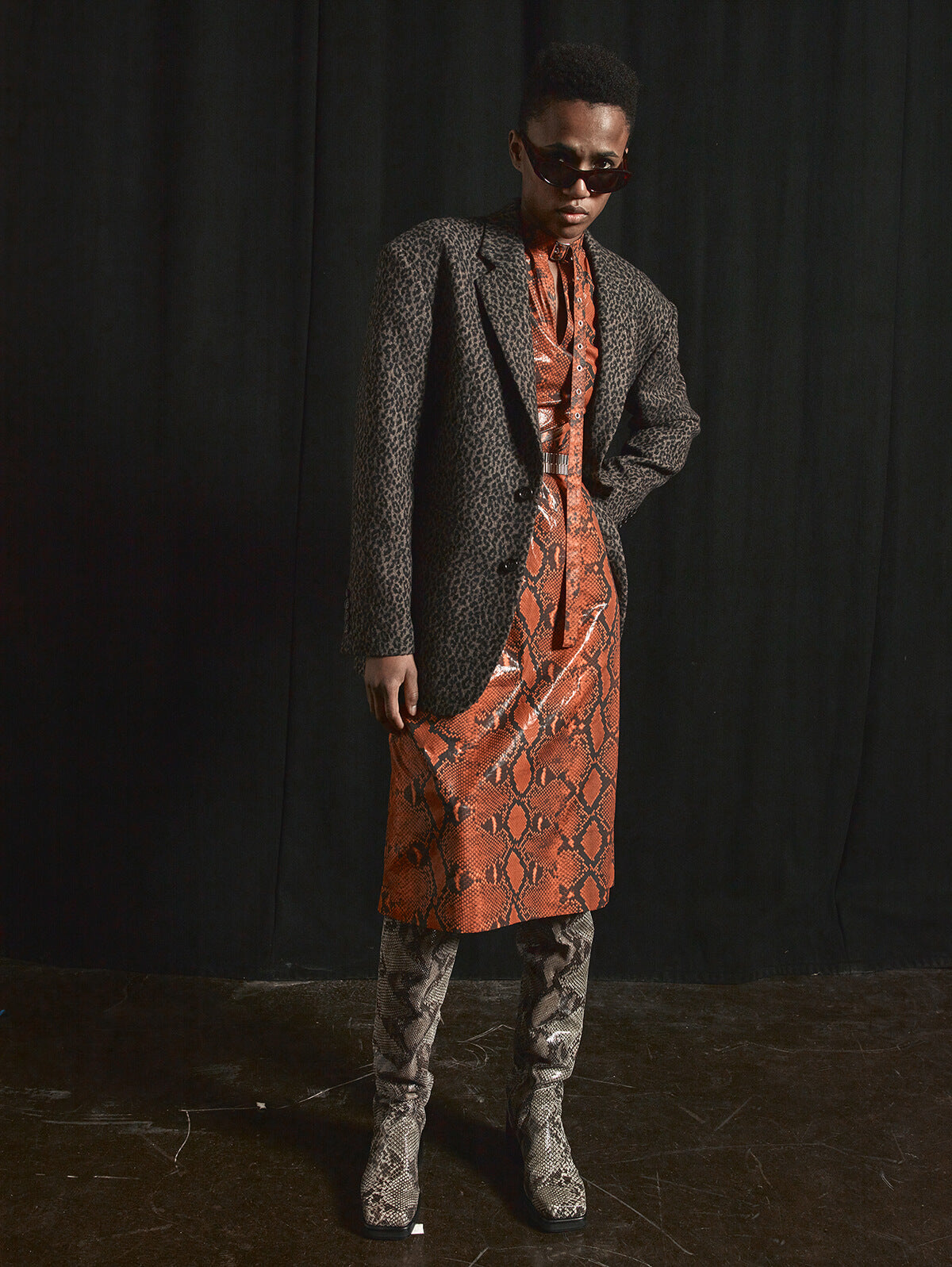 PYTHON PRINTED COTTON BELTED NECK DRESS