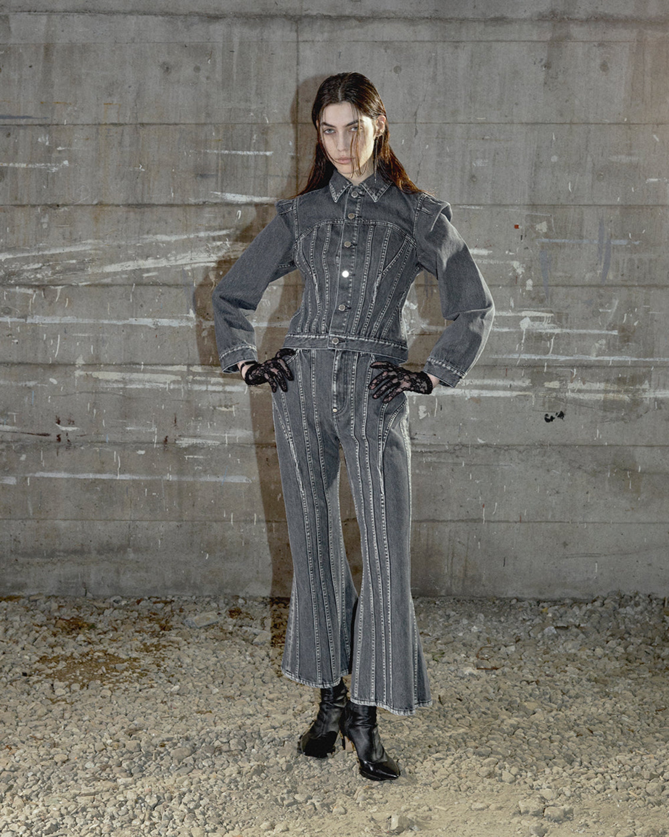 WASHED DENIM CORSET FLARED PANTS