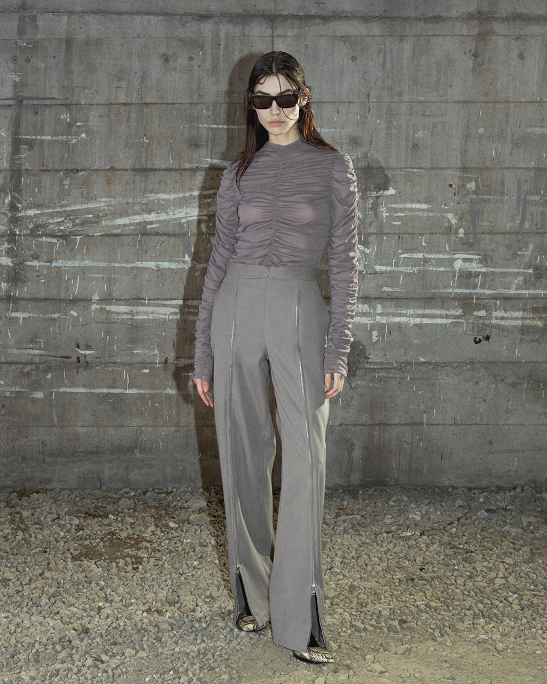 SEE-THROUGH GATHERED HIGH NECK TOP