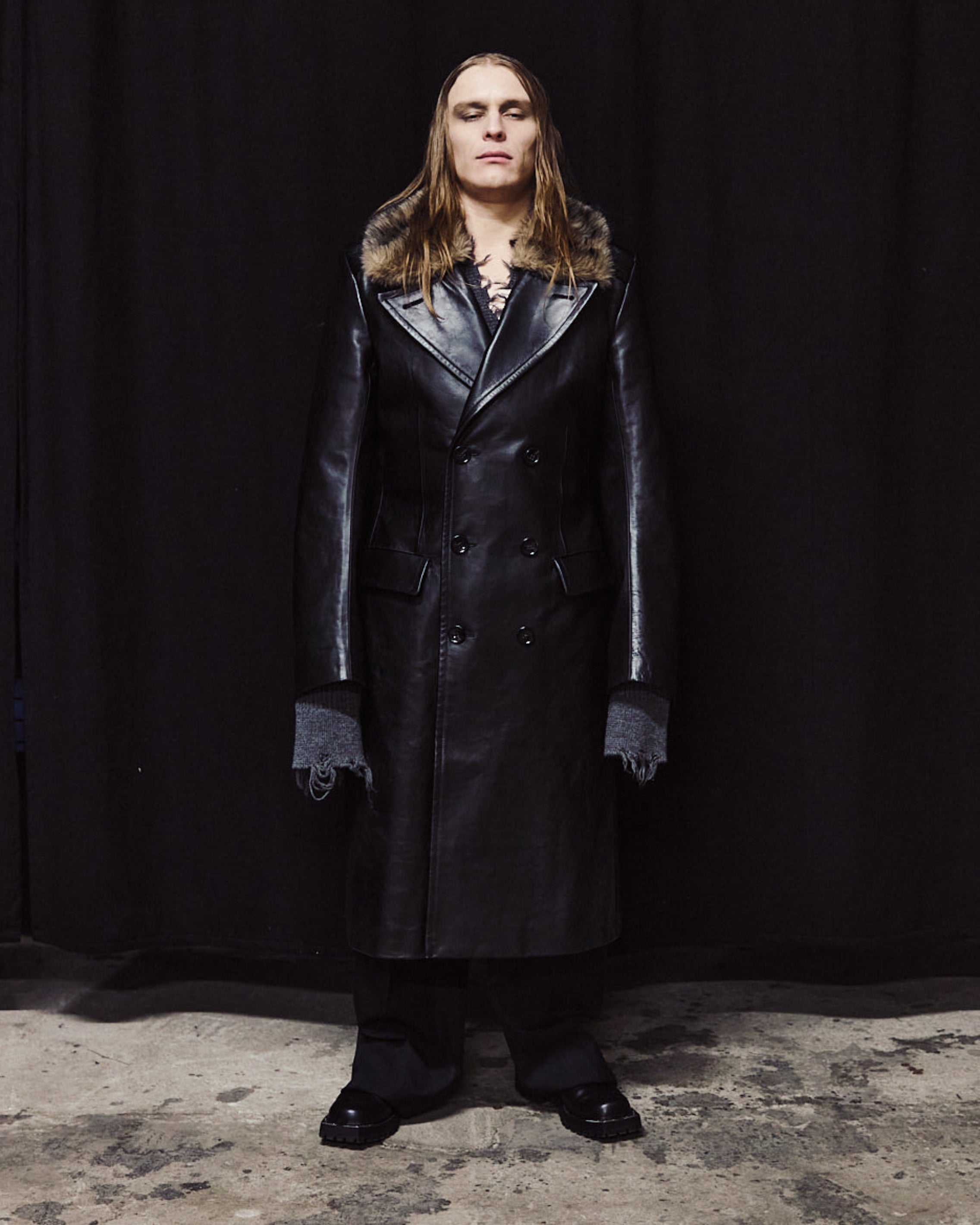 LEATHER DOUBLE BREASTED MILITARY COAT