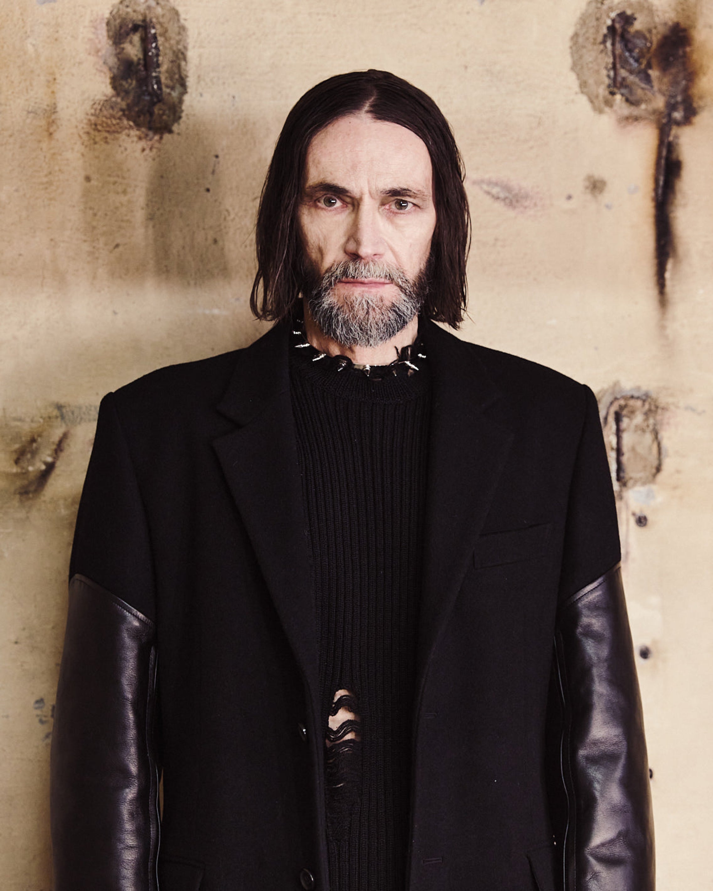 MELTON LEATHER SLEEVE DOUBLE BREASTED CHESTERFIELD COAT