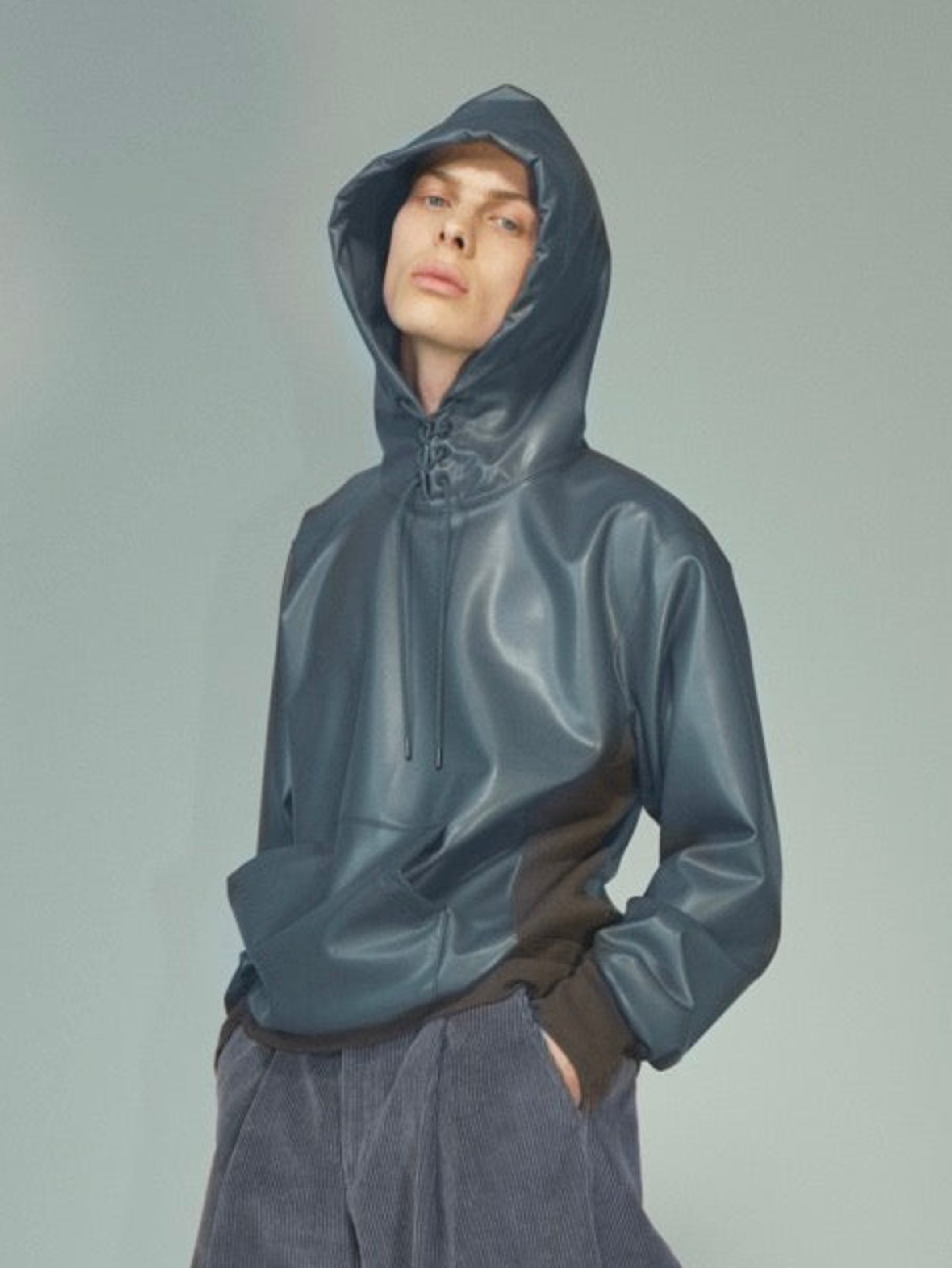 STRETCH VEGAN LEATHER LACE-UP HOODIE