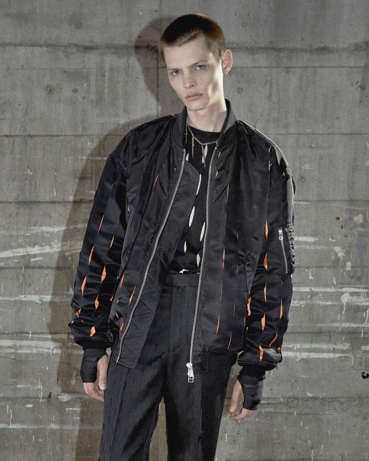 SLASHED NYLON TWILL BOMBER JACKET