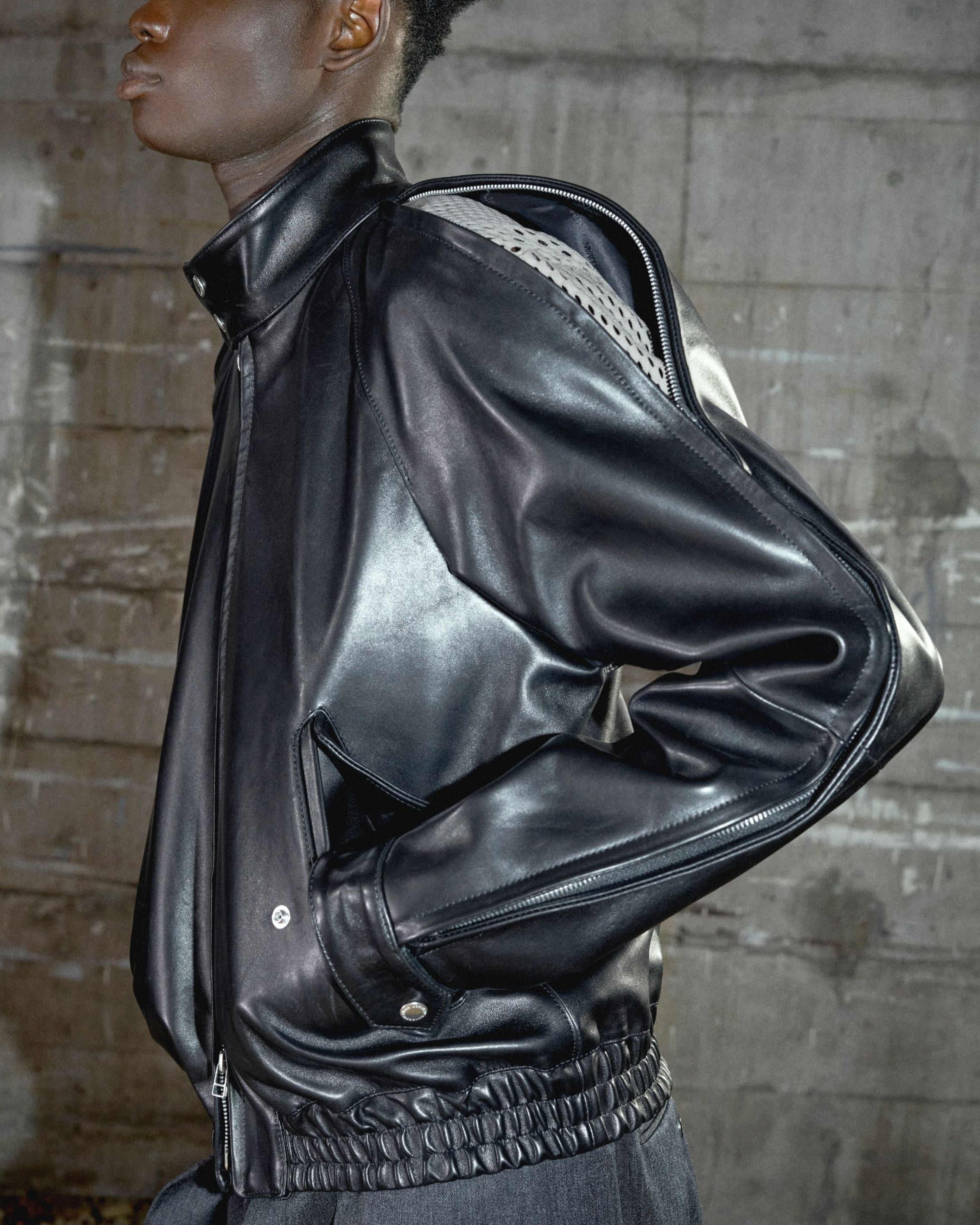 LEATHER ZIP SLEEVE HARRINGTON JACKET