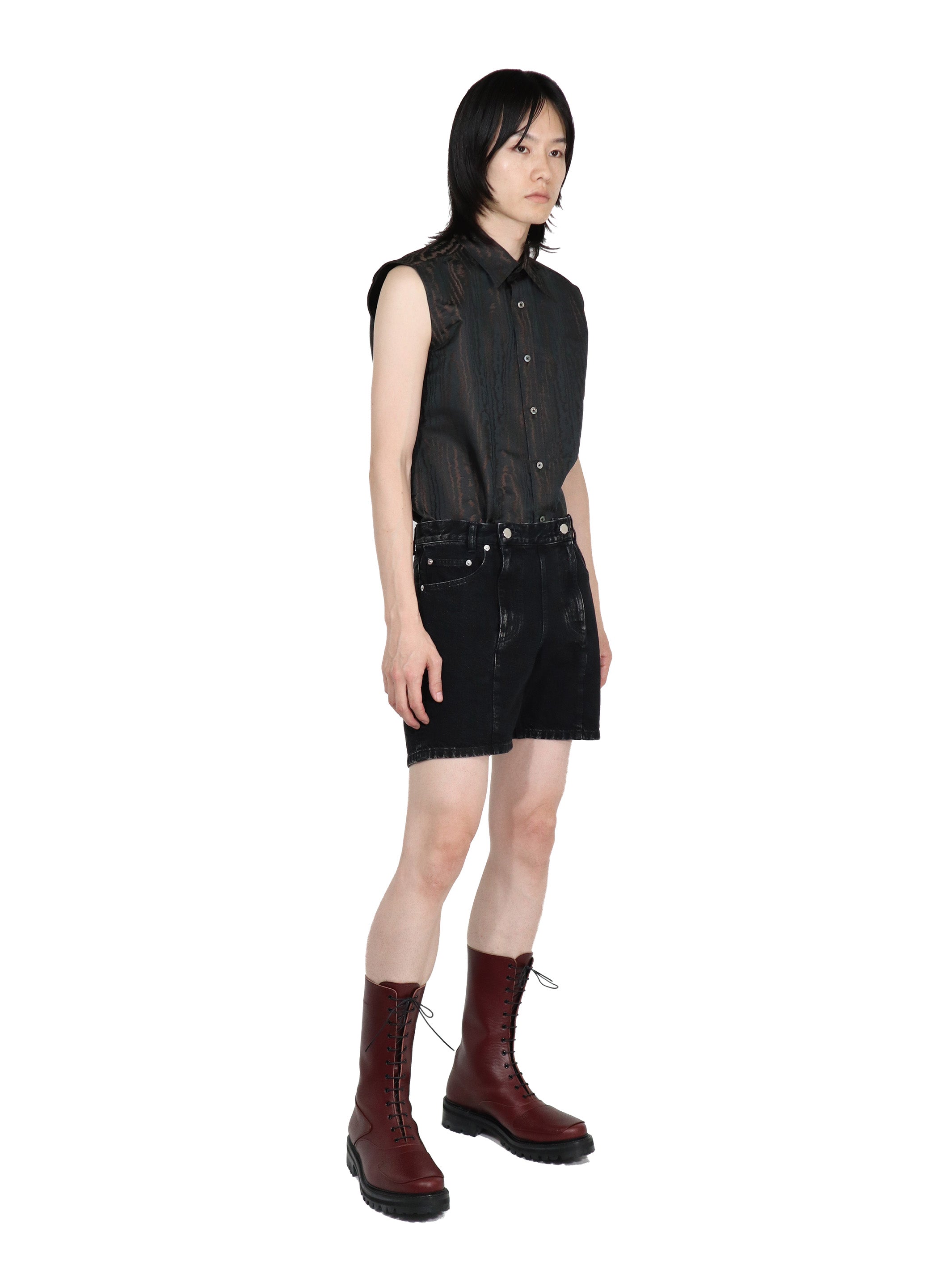 WASHED DENIM DOUBLE ZIPPERFLY SHORTS