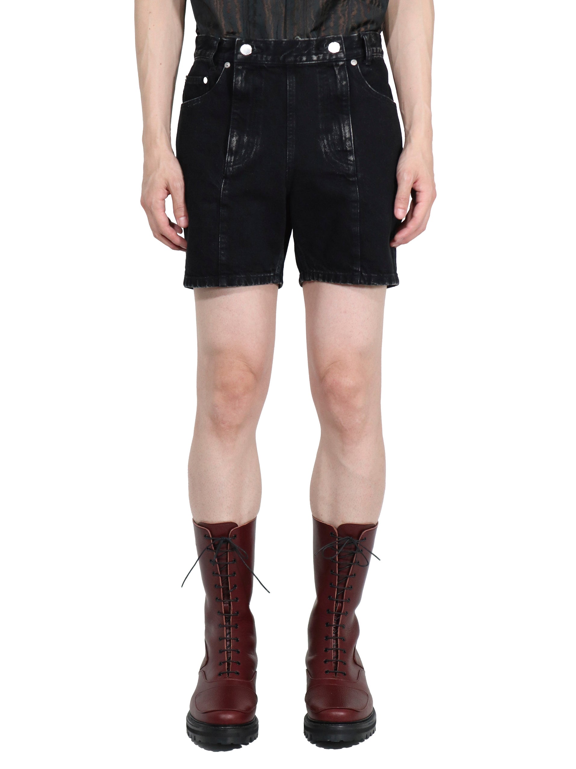WASHED DENIM DOUBLE ZIPPERFLY SHORTS