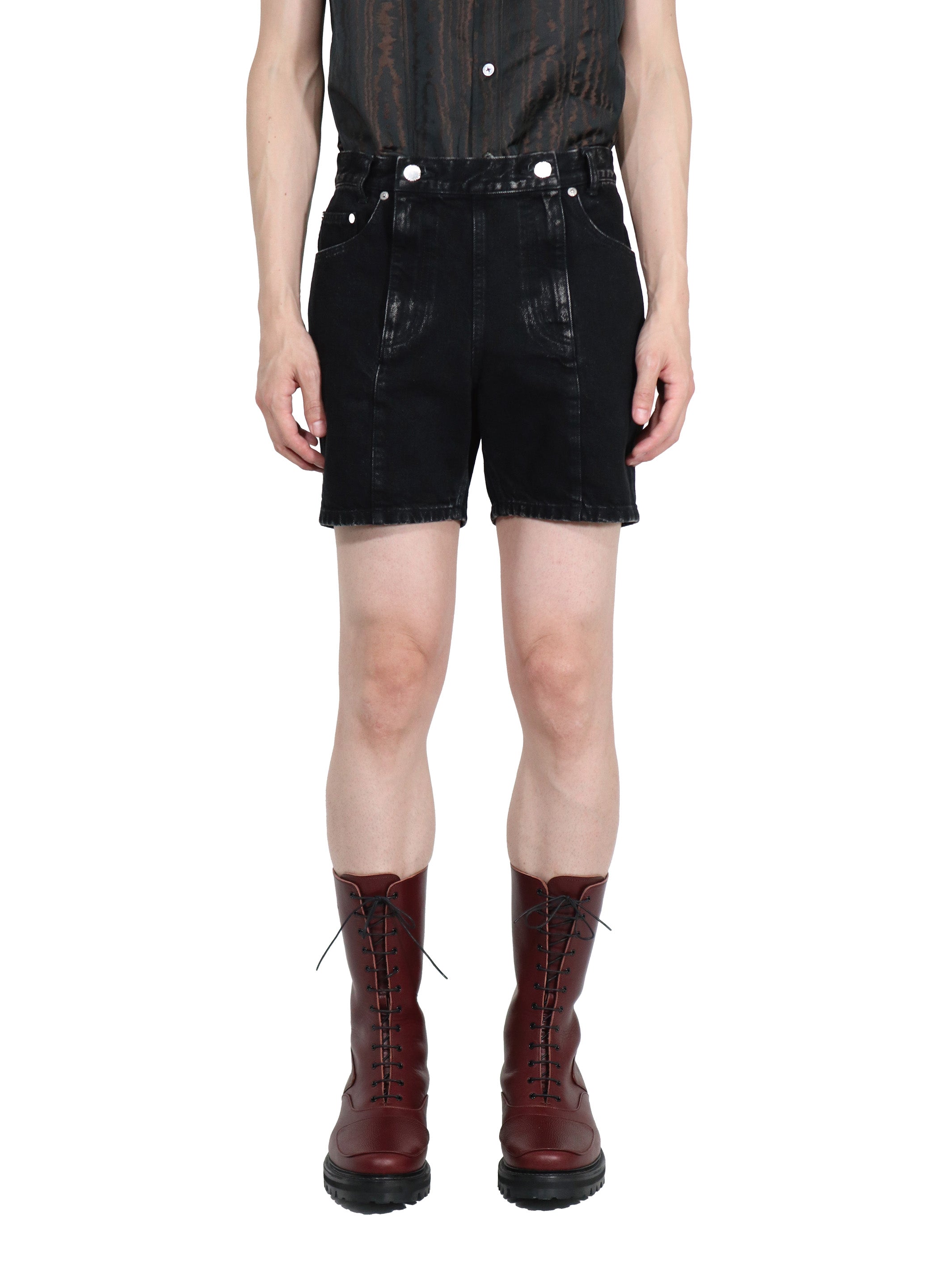 WASHED DENIM DOUBLE ZIPPERFLY SHORTS