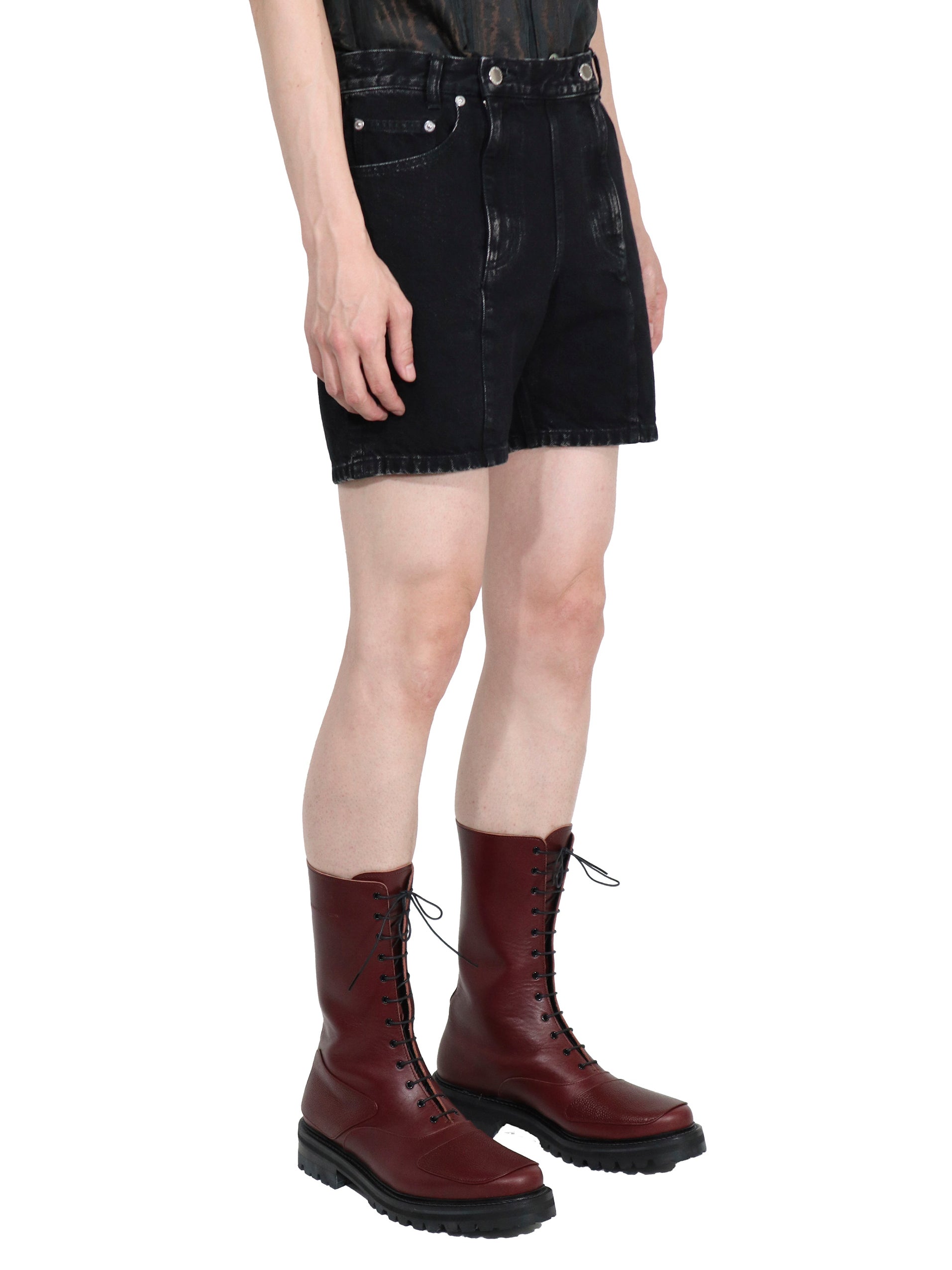 WASHED DENIM DOUBLE ZIPPERFLY SHORTS