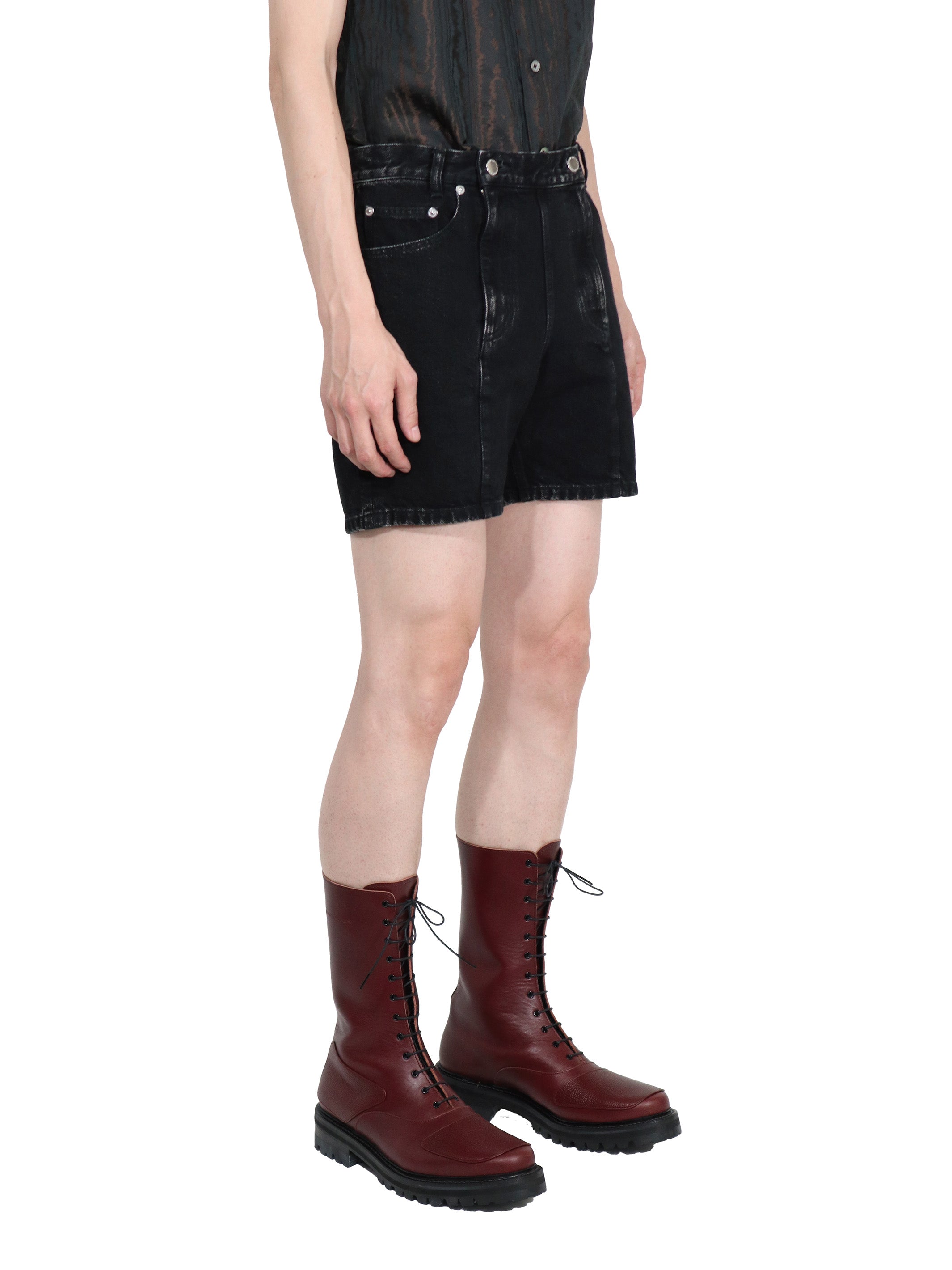 WASHED DENIM DOUBLE ZIPPERFLY SHORTS