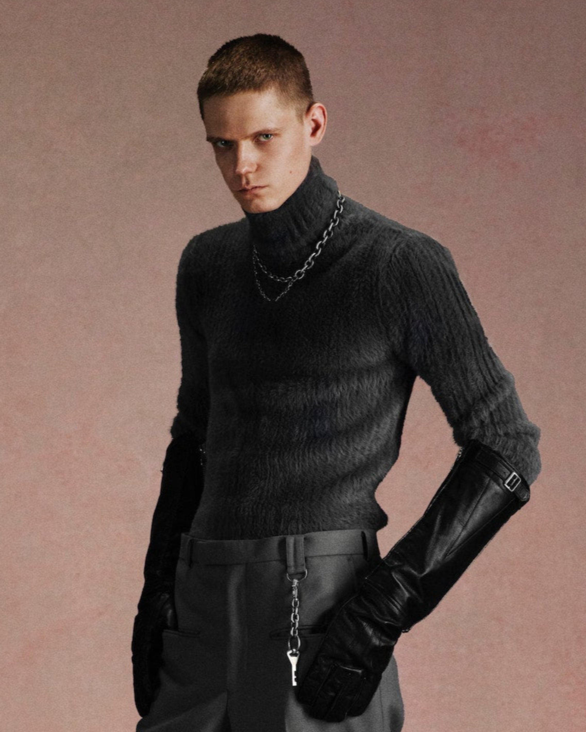 RIBBED HI-NECK SHAGGY KNIT SWEATER