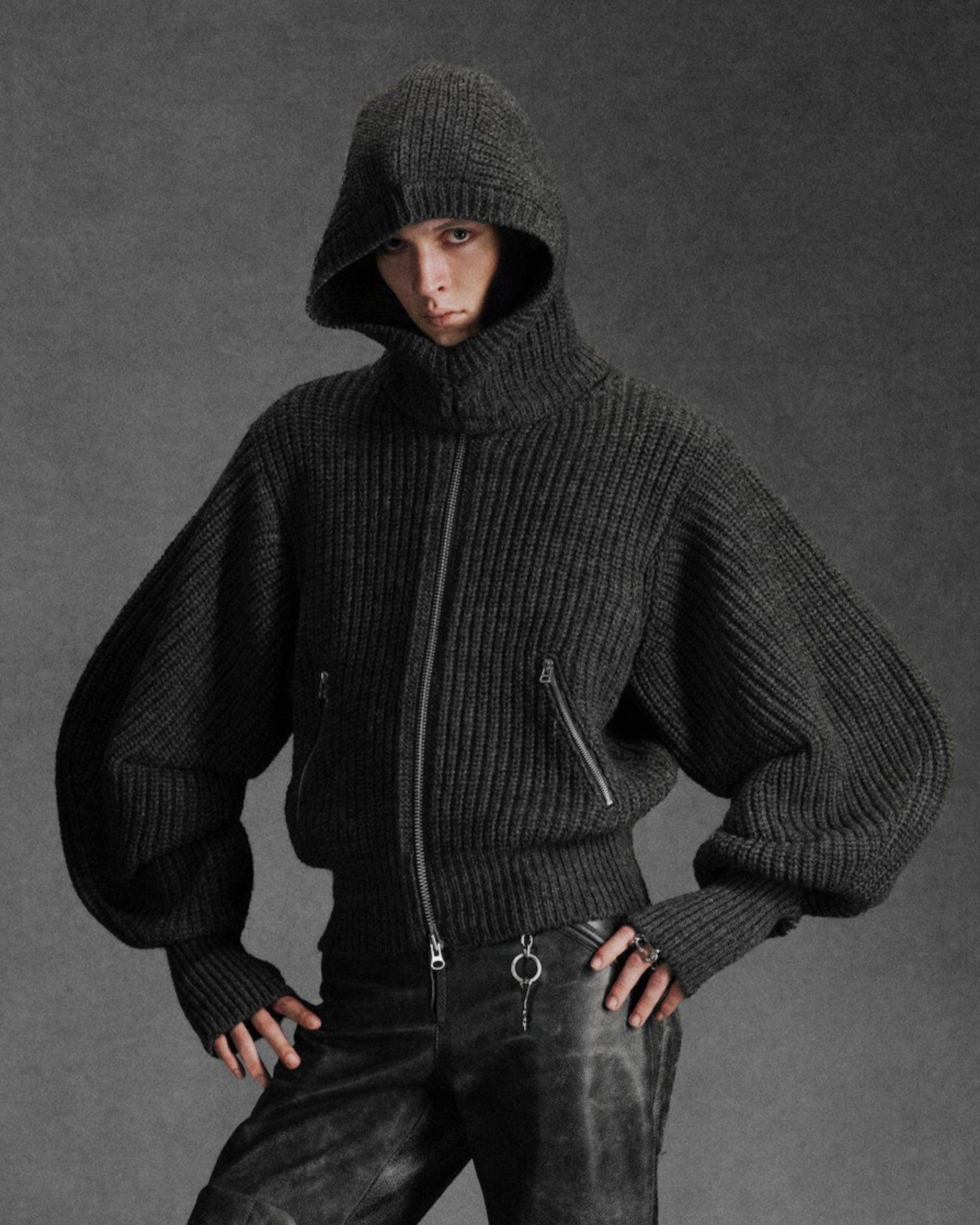 RIBBED MASSIVE ROUNDED SLEEVE ZIP-UP KNIT JACKET