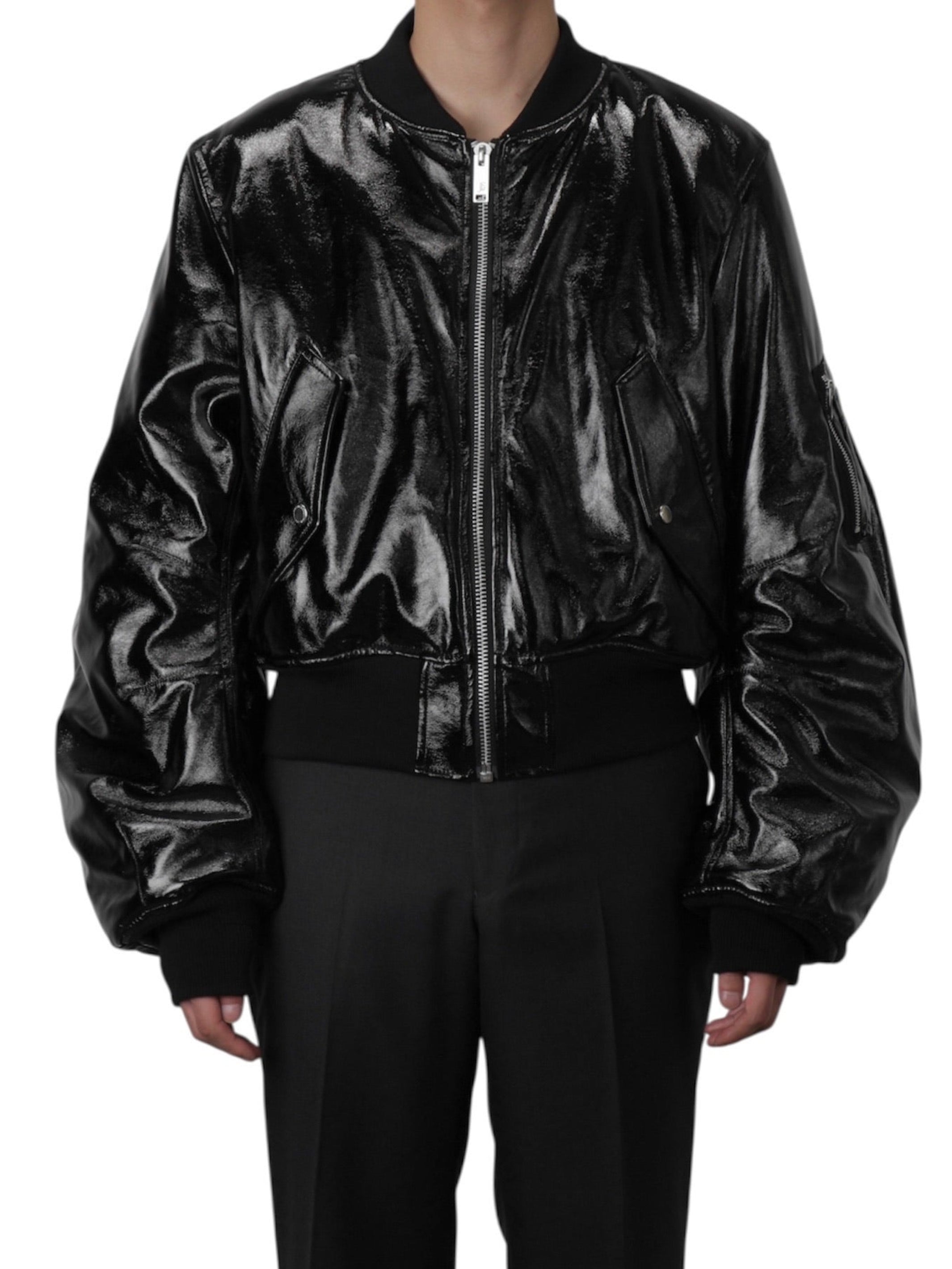 PATENT MASSIVE ROUNDED SLEEVE BOMBER JACKET