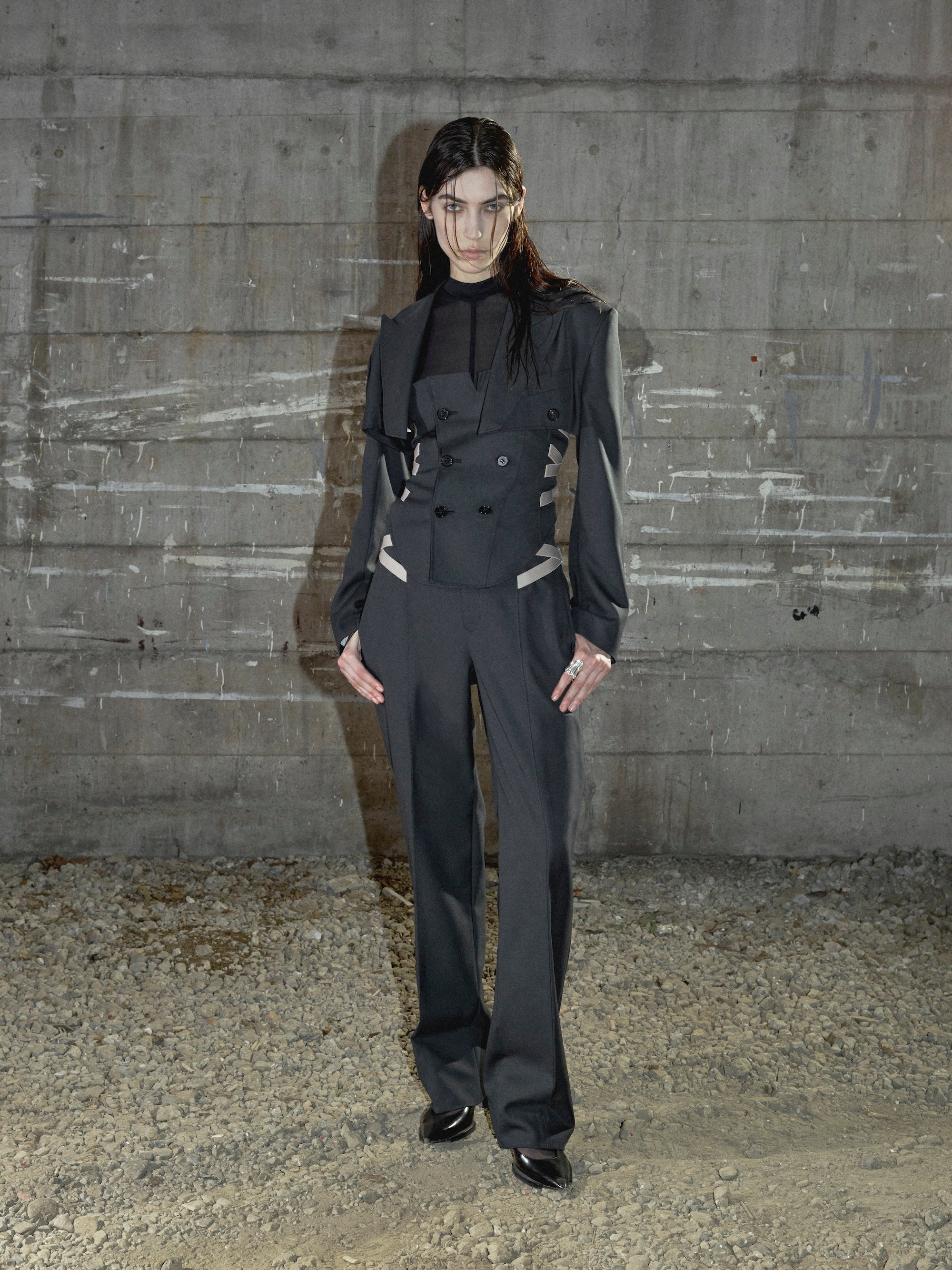 WOOL DOBBY SIDE STRAP TROUSERES