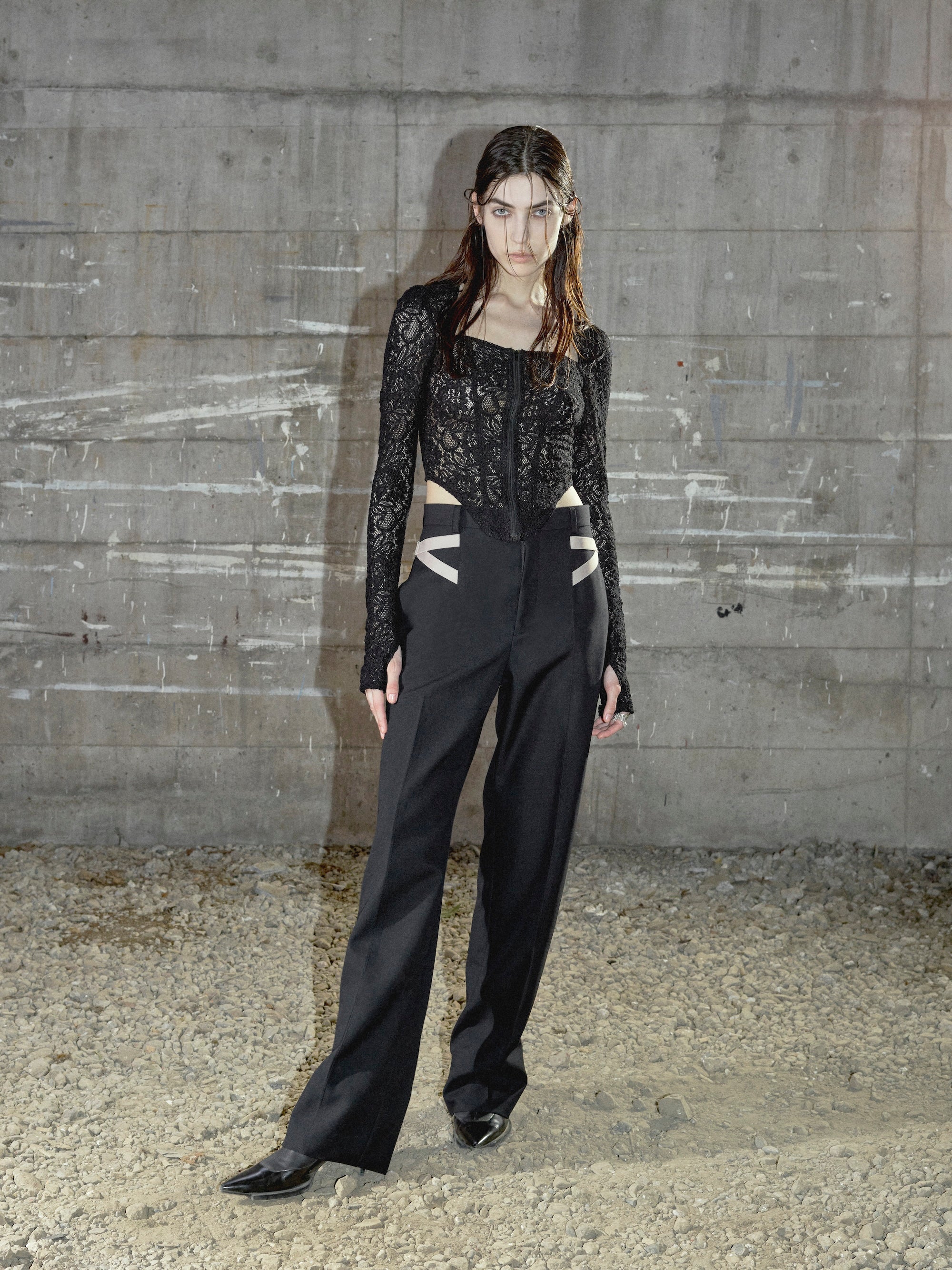 WOOL DOBBY SIDE STRAP TROUSERES