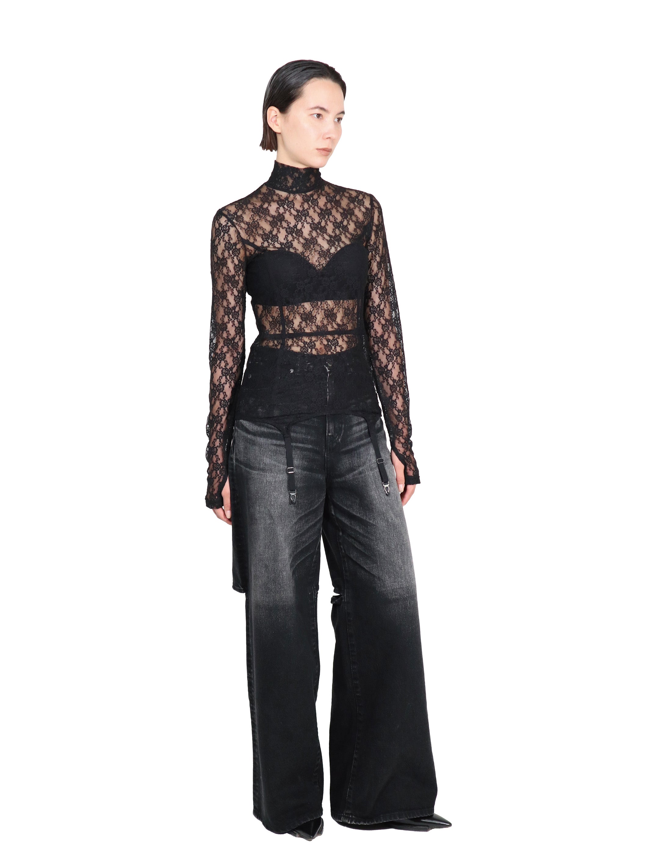 WASHED DENIM CUT OUT WIDE PANTS