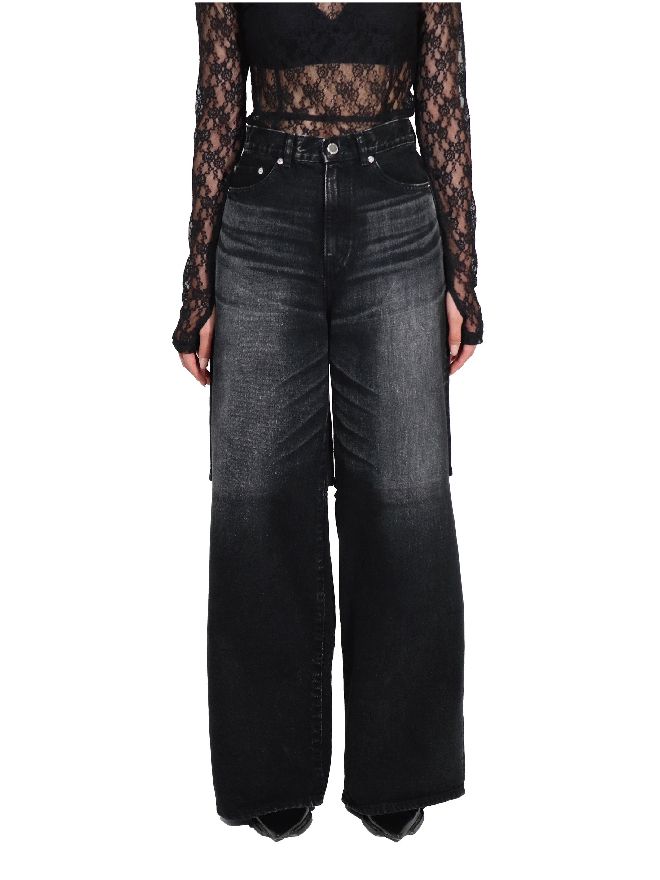WASHED DENIM CUT OUT WIDE PANTS