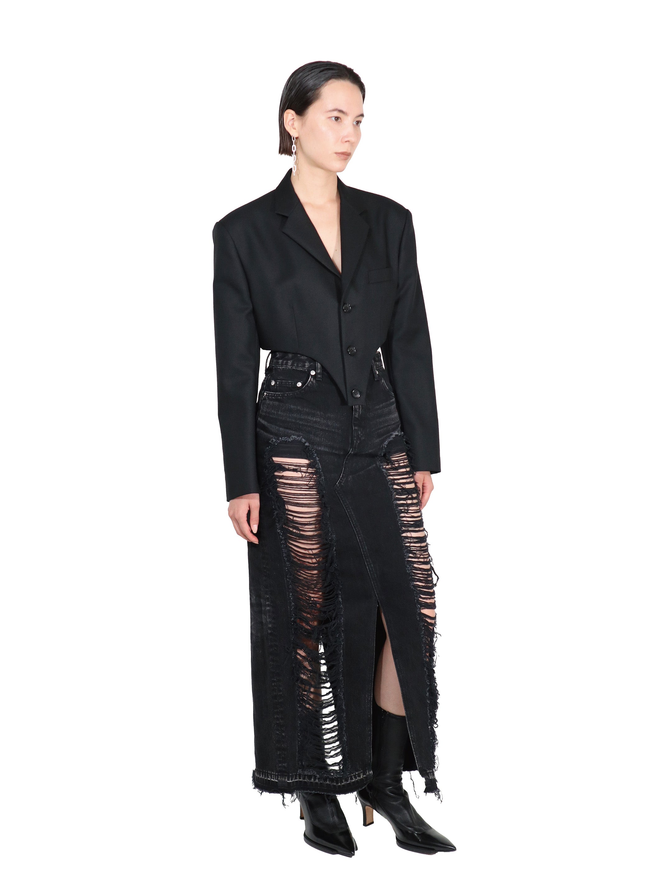 Washed denim ripped long skirt