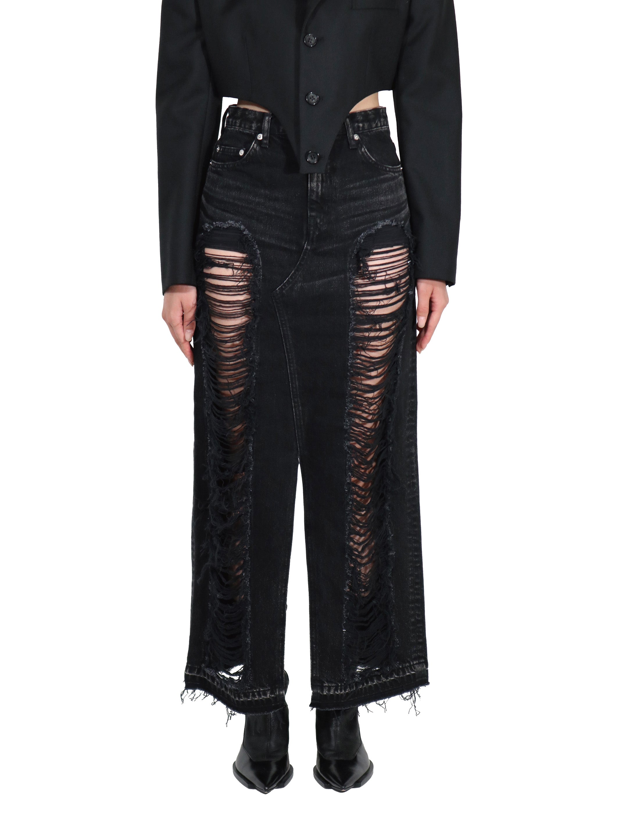 Washed denim ripped long skirt