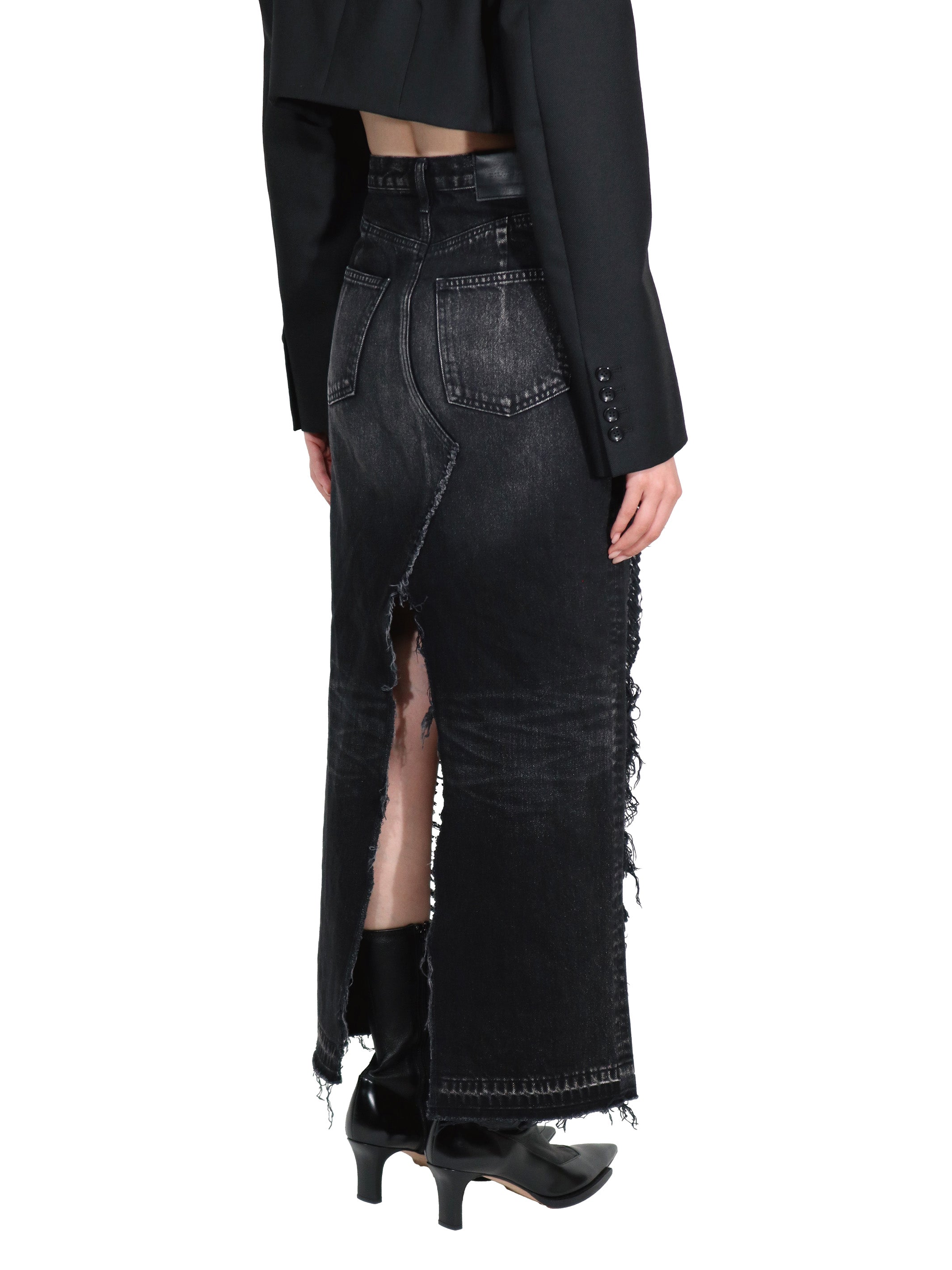 Washed denim ripped long skirt