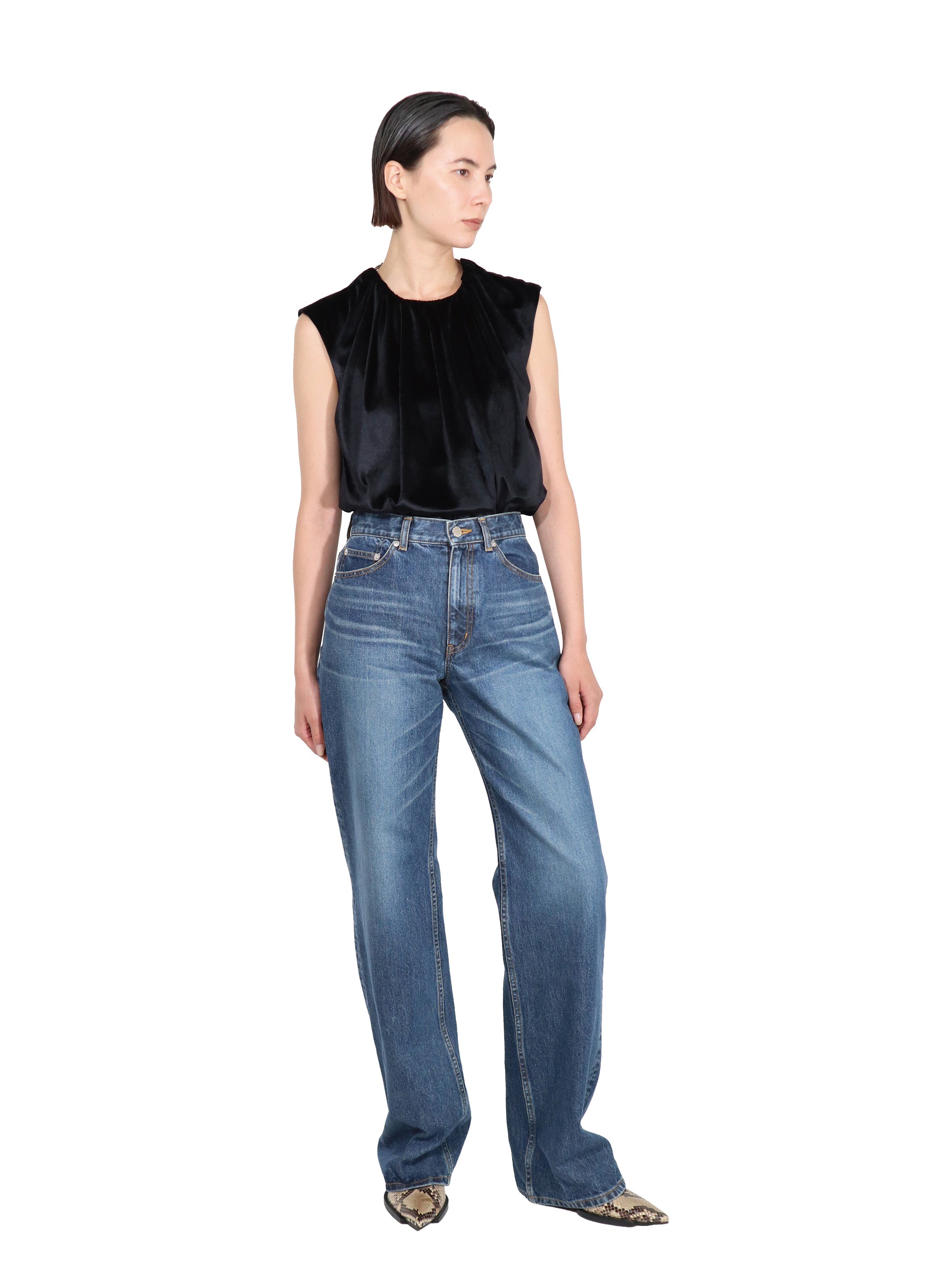 Washed denim straight pants