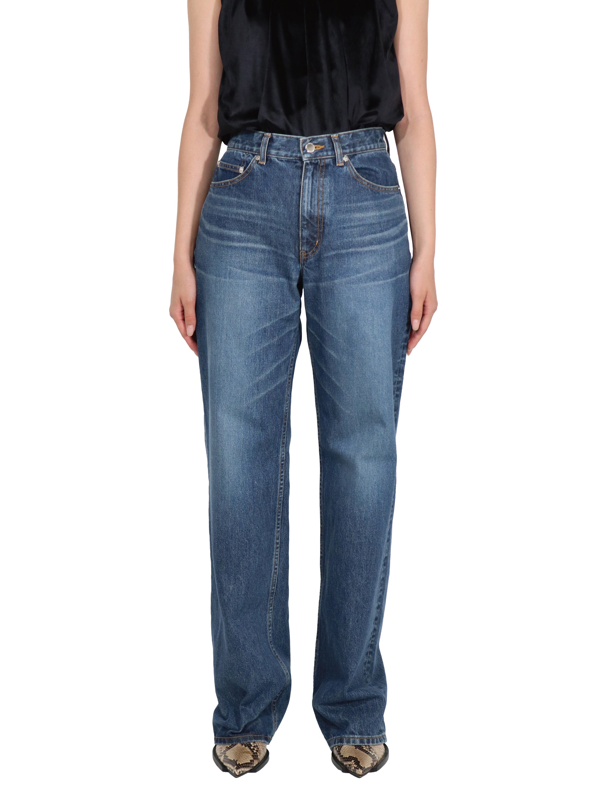 Washed denim straight pants