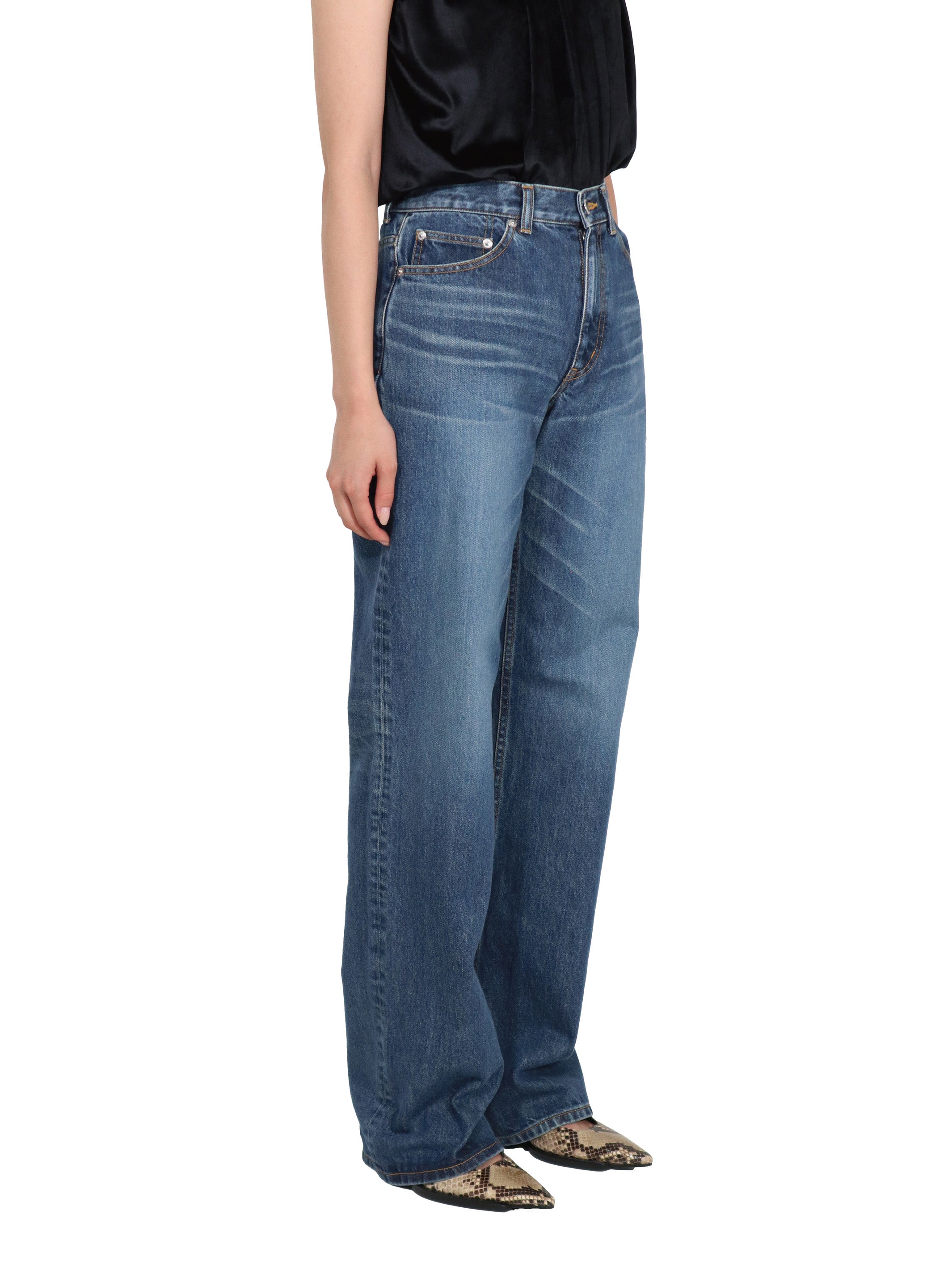 Washed denim straight pants
