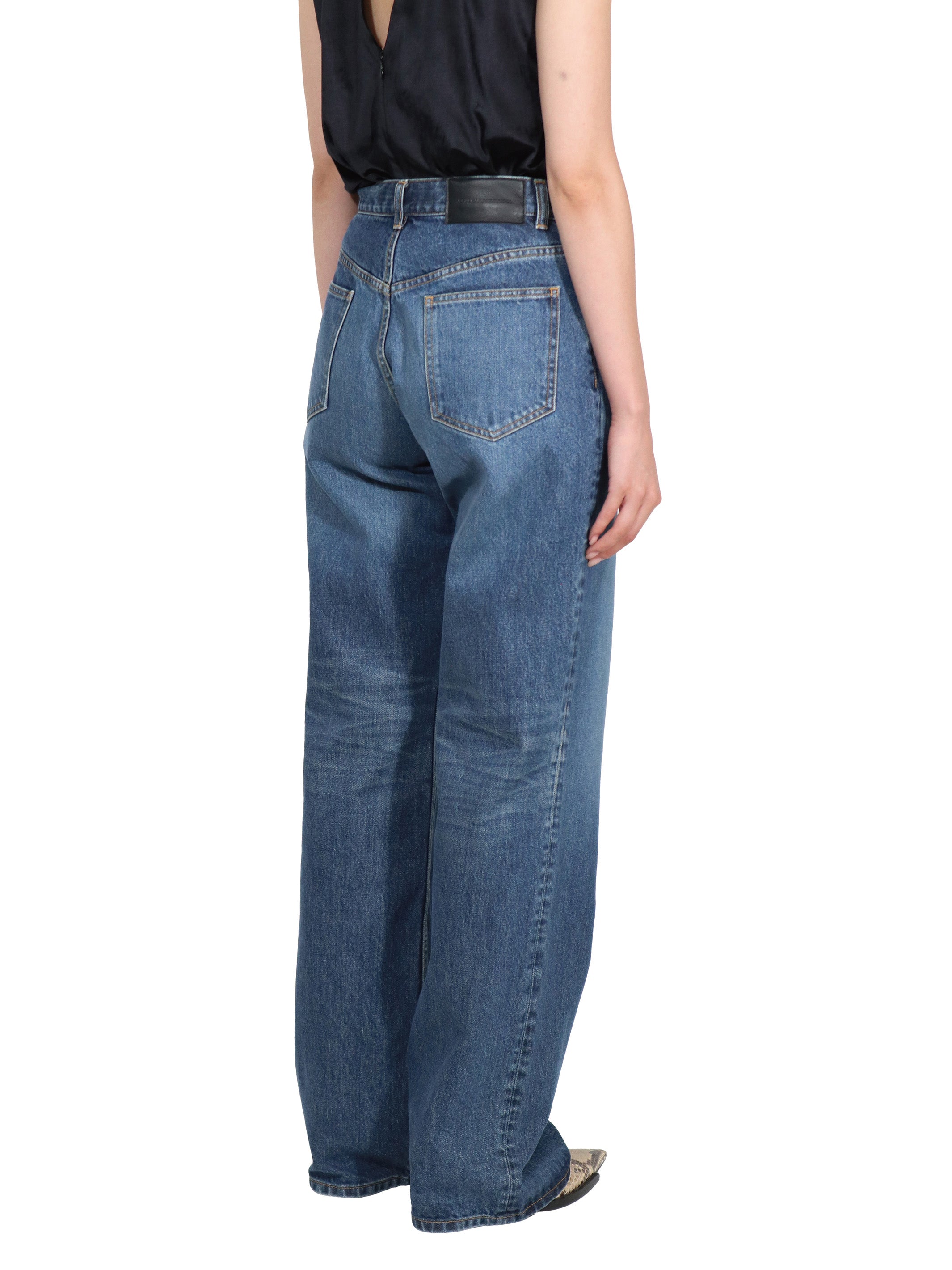 Washed denim straight pants