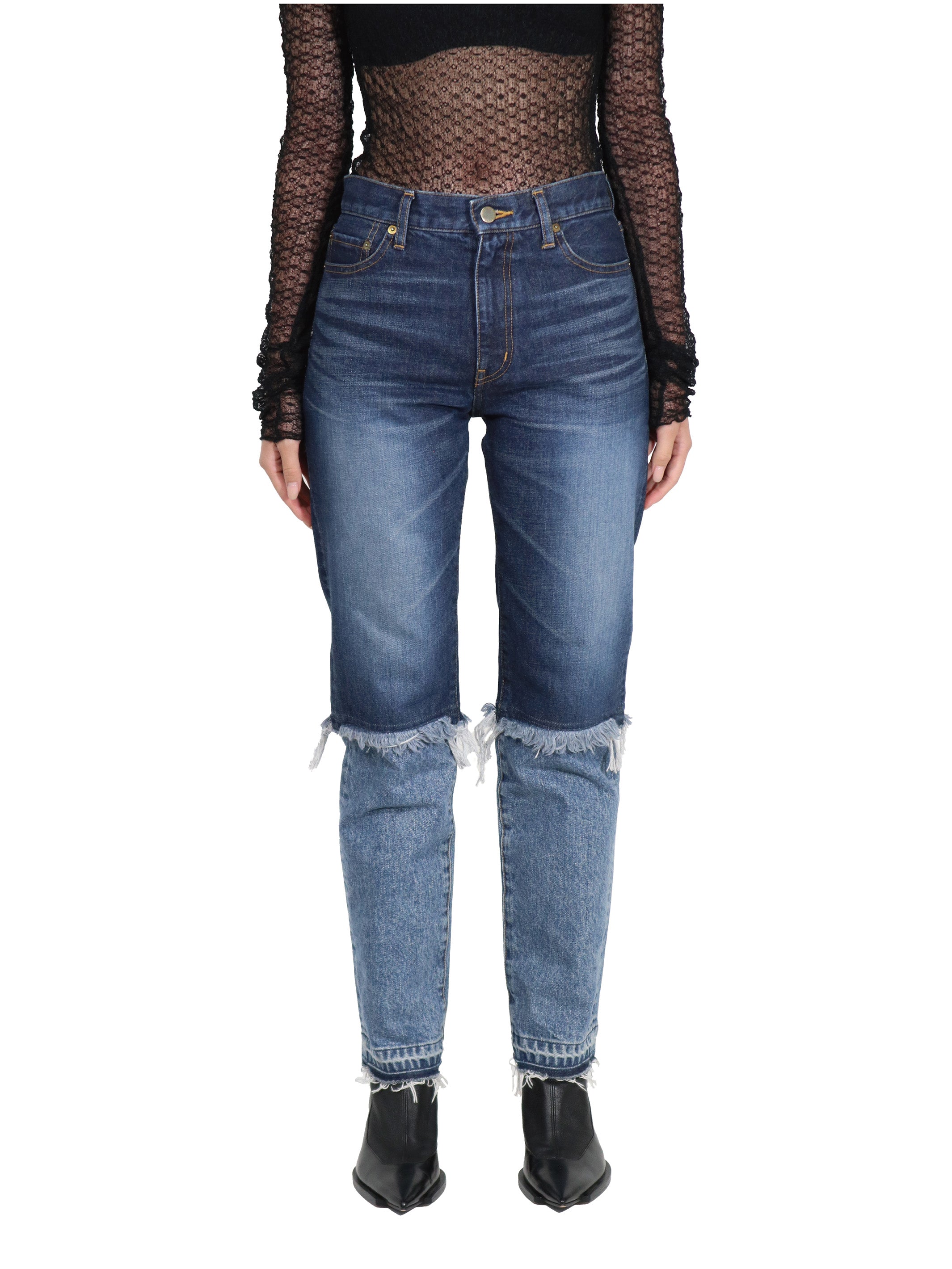 Womens washed denim layered pants | Indigo