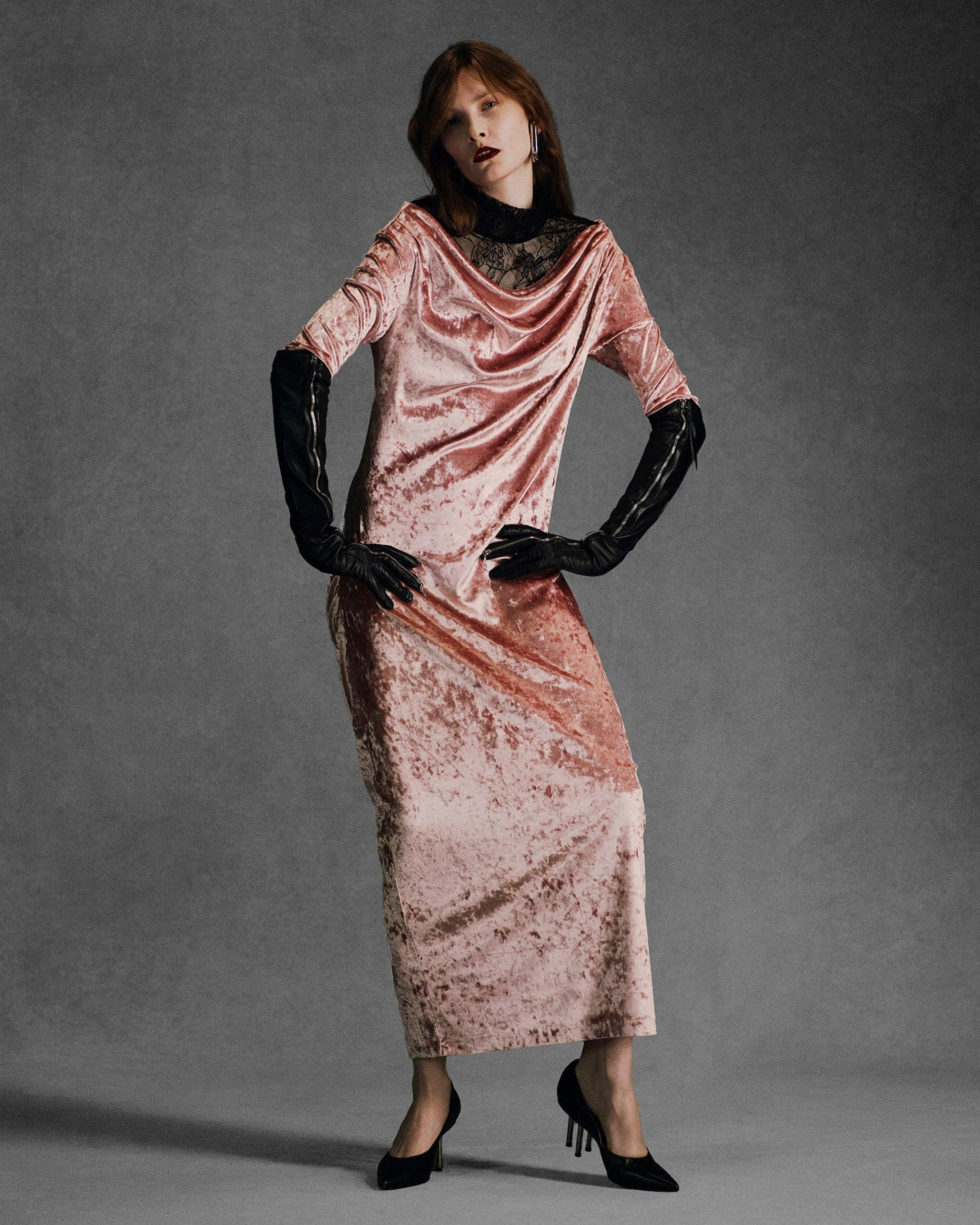 CRUSHED VELOUR GATHERED DRESS