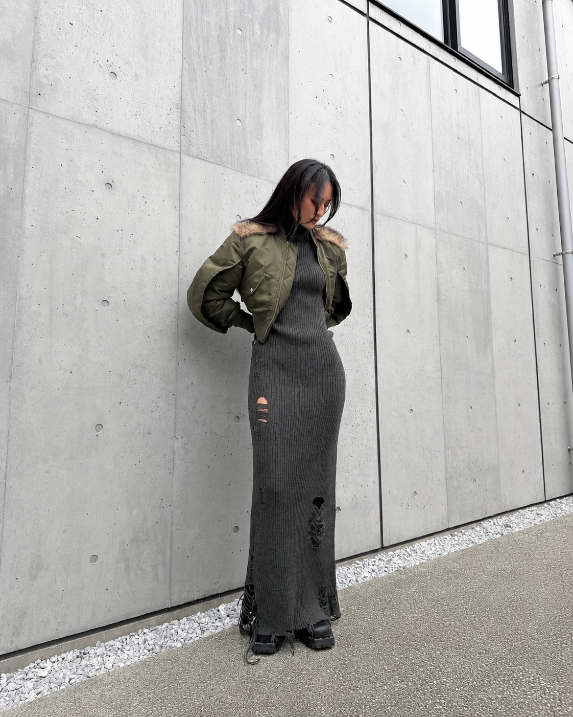 DAMAGED RIB KNIT DRESS