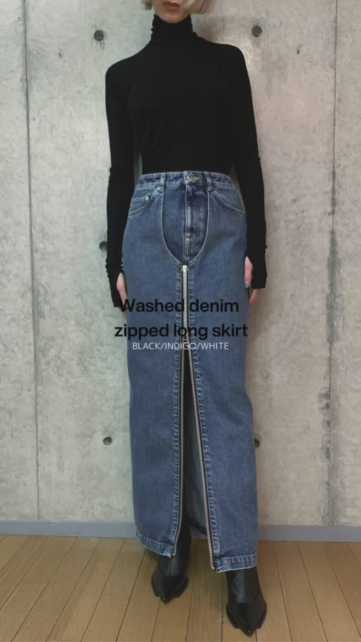 Washed denim zipped long skirt