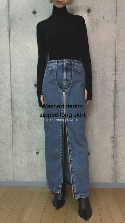 Washed denim zipped long skirt