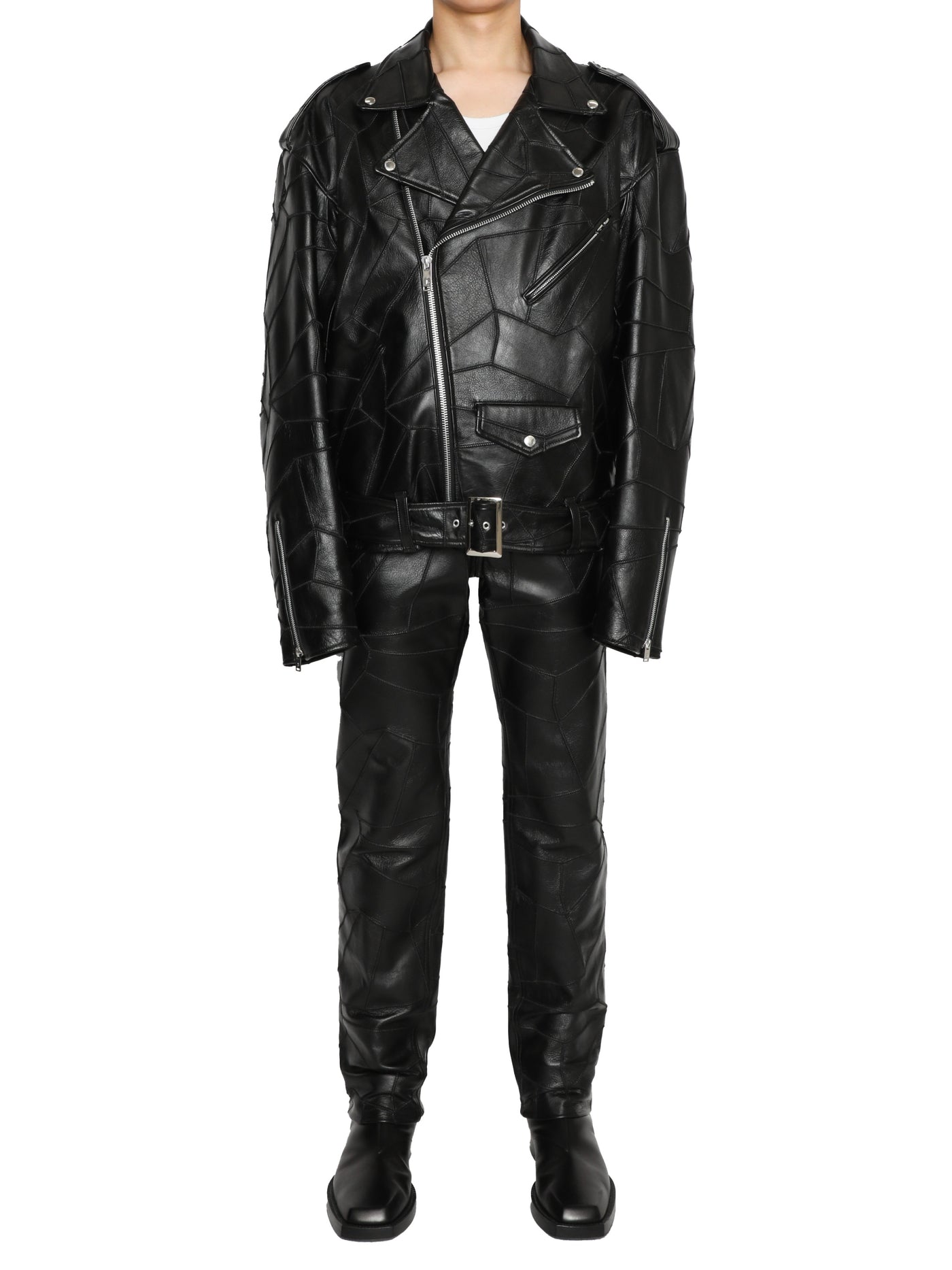 Patchwork leather oversized biker jacket