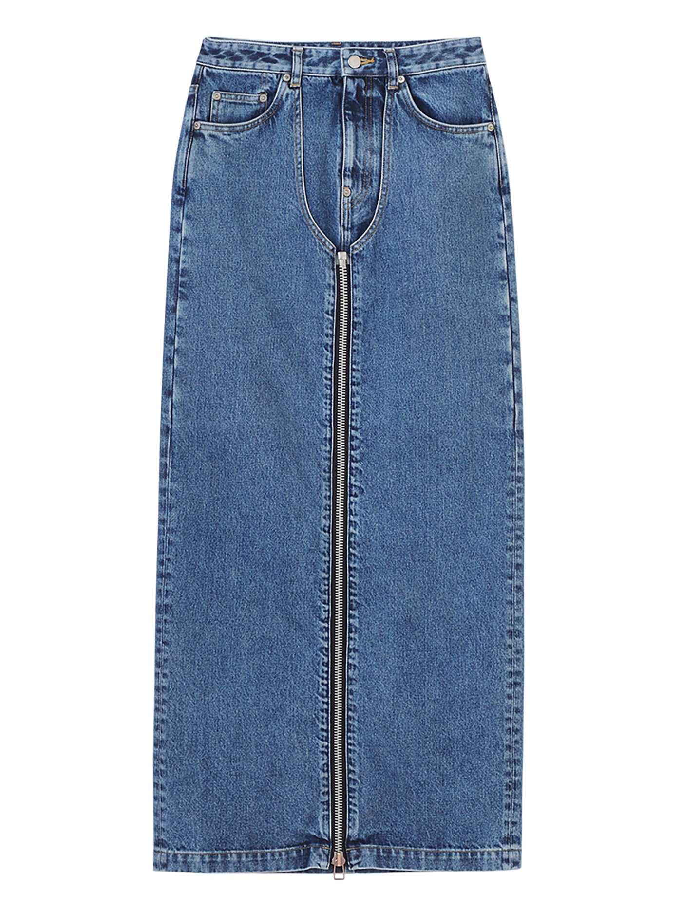 Split Front Deep Blue Slash Pocket Denim Skirt Causal Washed