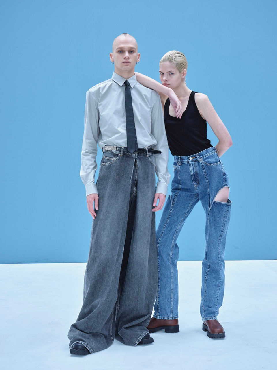 Washed denim super wide pants