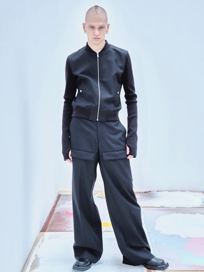 Wool gabardine front pocket wide trousers