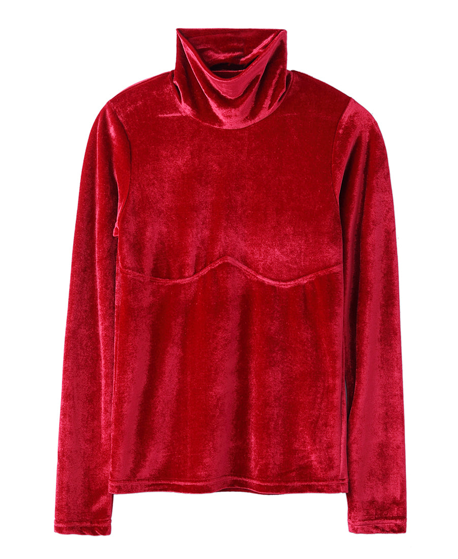 Womens velvet switching hi-neck top | Red